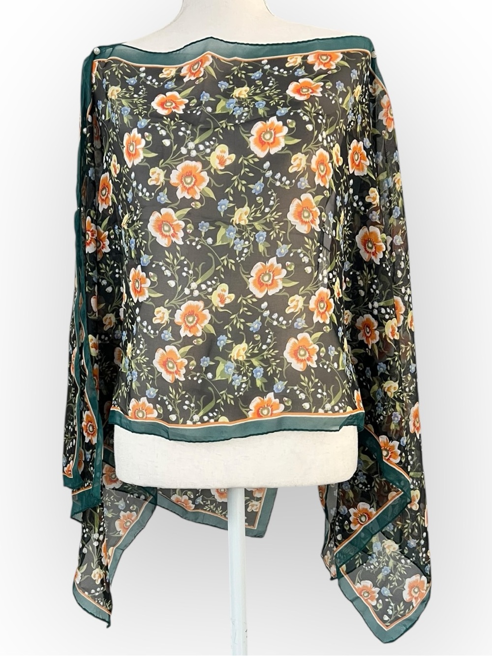 Black Ditsy Floral Chiffon Convertible Scarf Wrap Kimono OS